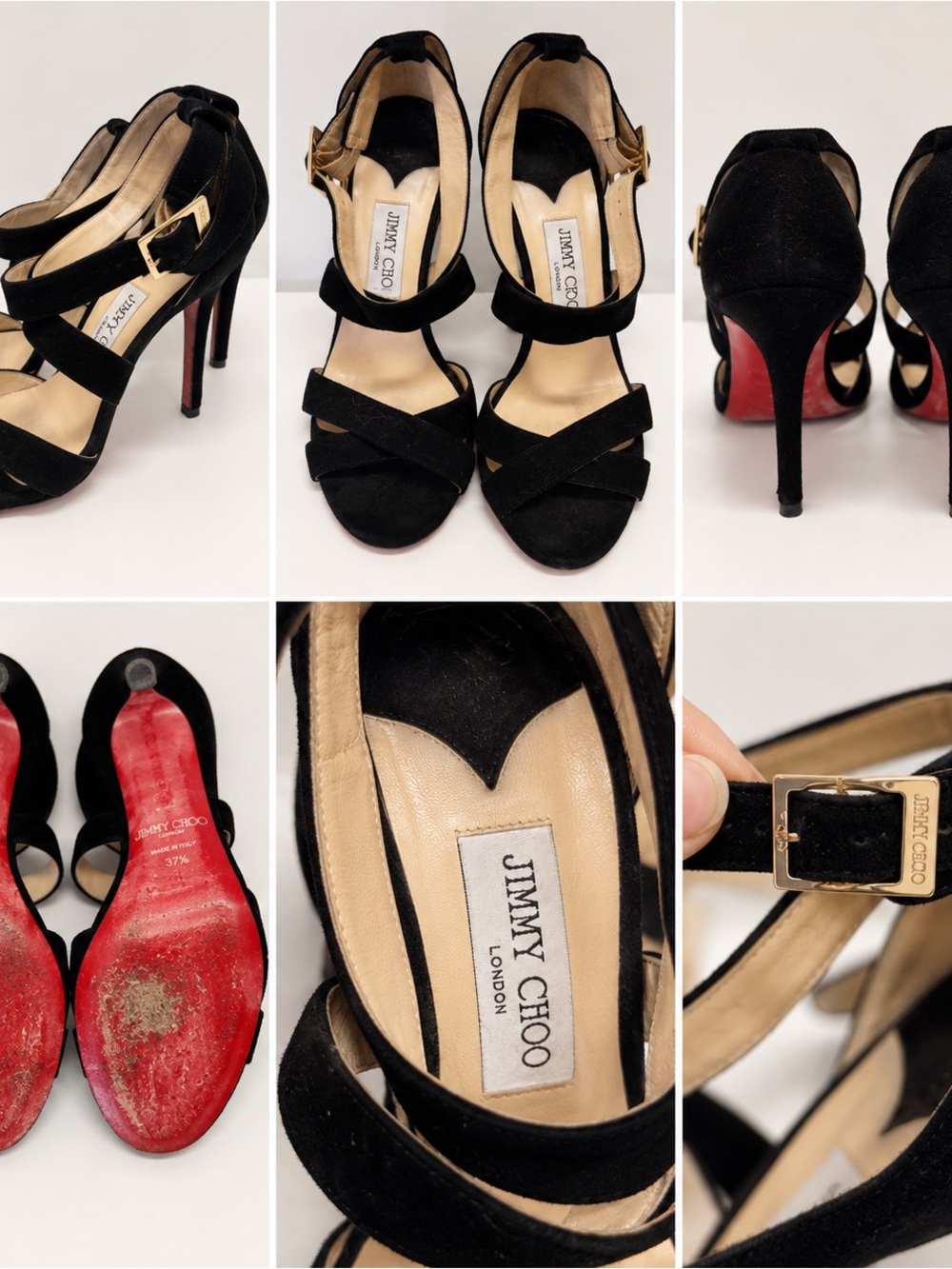 Jimmy Choo Black Suede Strappy High Heels with Gold Buckle - Picture 4 of 6